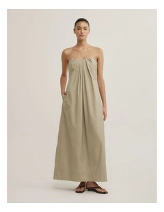 Gathered Bandeau Midi Dress in Olive Mist