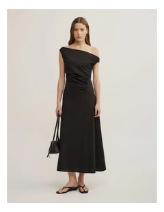 Off Shoulder Gather Midi Dress in Black