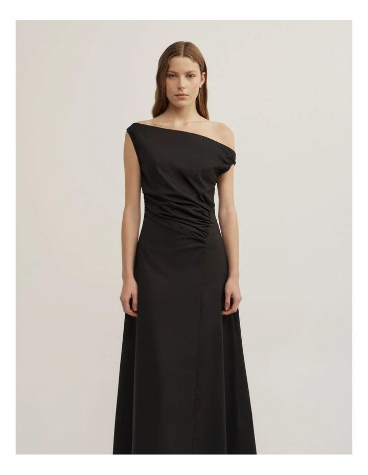 Off Shoulder Gather Midi Dress in Black image 2