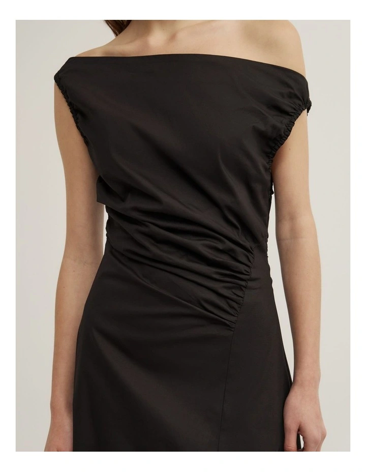 Off Shoulder Gather Midi Dress in Black image 3