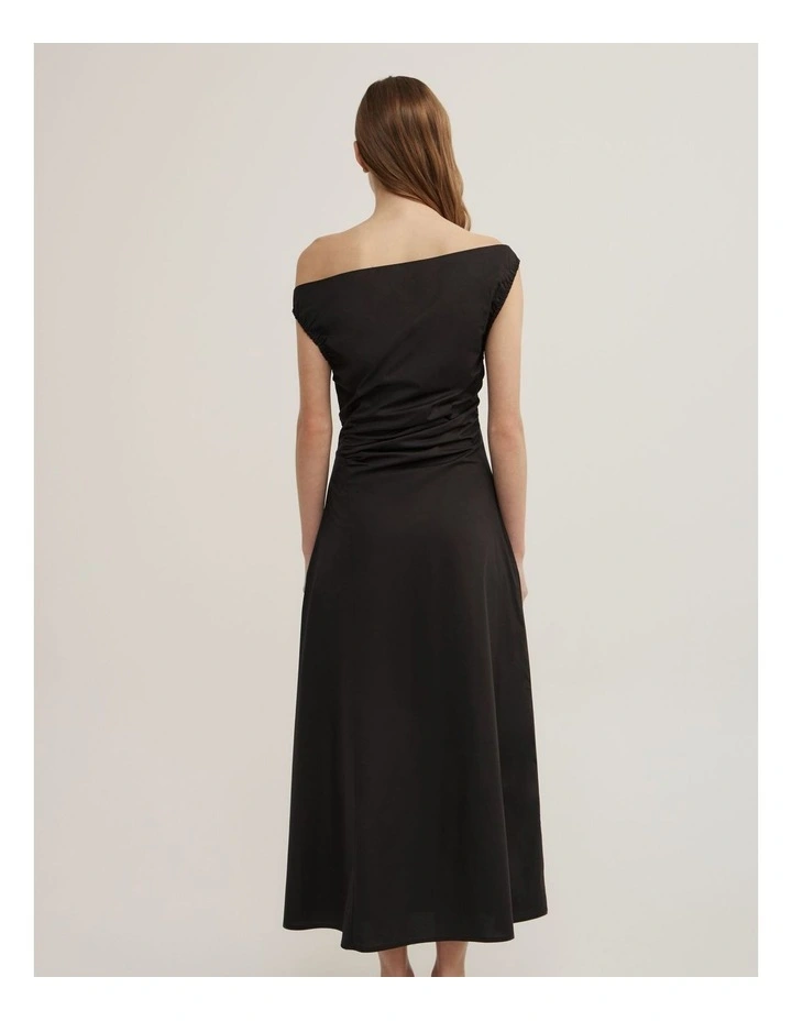 Off Shoulder Gather Midi Dress in Black image 4