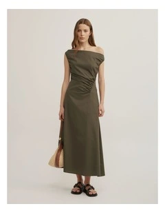 Off Shoulder Gather Midi Dress in Olive