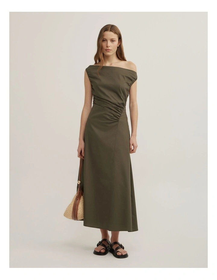 Off Shoulder Gather Midi Dress in Olive image 1