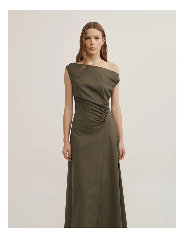 Off Shoulder Gather Midi Dress in Olive image 2