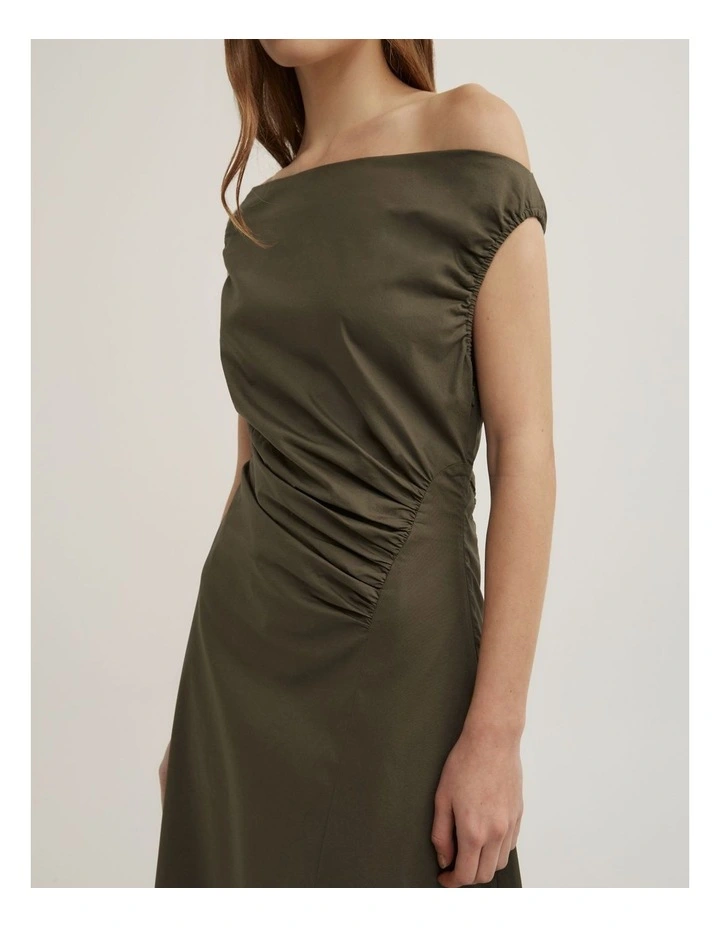 Off Shoulder Gather Midi Dress in Olive image 3