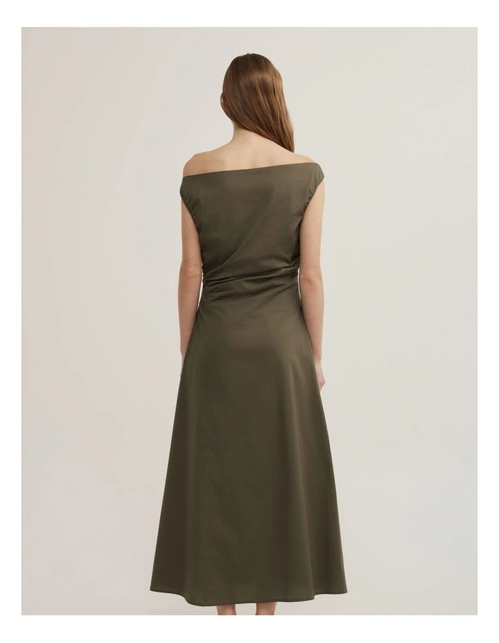 Off Shoulder Gather Midi Dress in Olive image 4