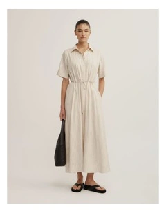 Drawstring Shirt Midi Dress in Chalk Pinstripe