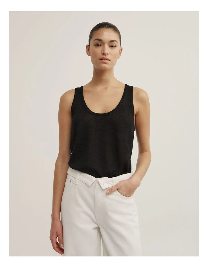 Linen Scoop Knit Tank in Black image 1