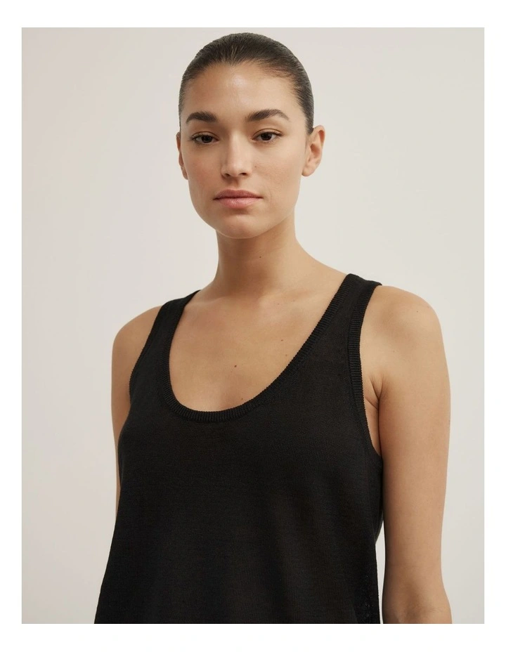 Linen Scoop Knit Tank in Black image 3
