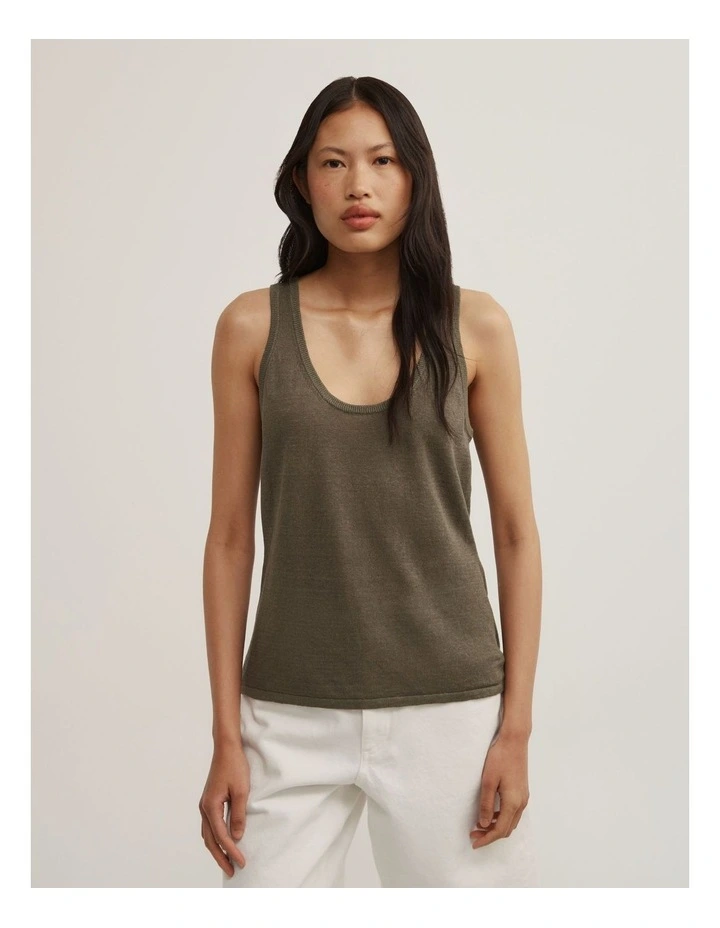 Linen Scoop Knit Tank in Olive image 1