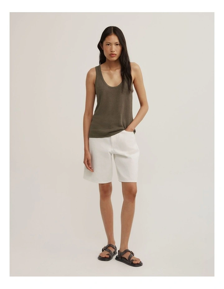Linen Scoop Knit Tank in Olive image 2