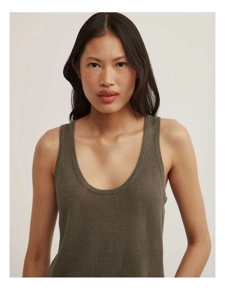 Linen Scoop Knit Tank in Olive image 3