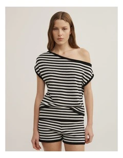 Asymmetric Slouch Short Sleeve Knit in Black Stripe