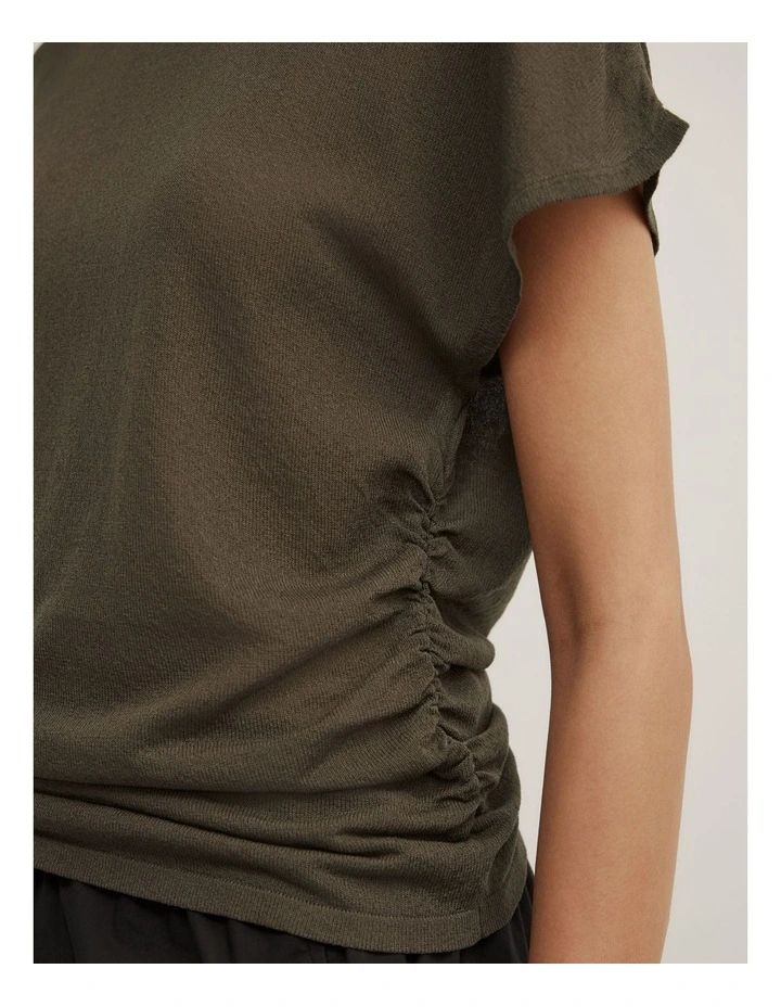 Wide Shoulder Knit T-shirt in Olive image 3