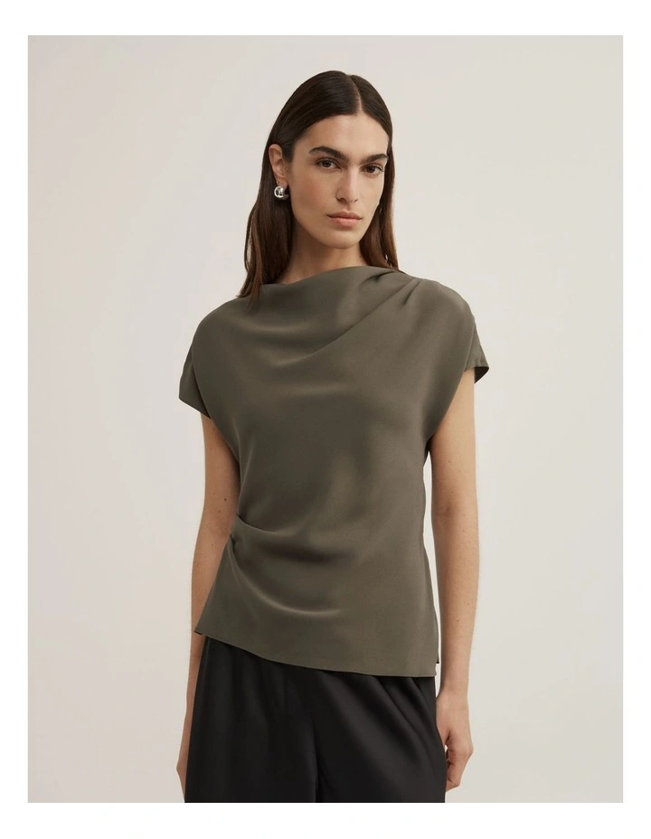 Cowl Neck Crepe Top in Olive image 1