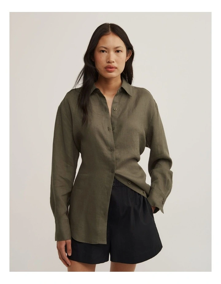 Linen Tie Back Shirt in Olive image 1