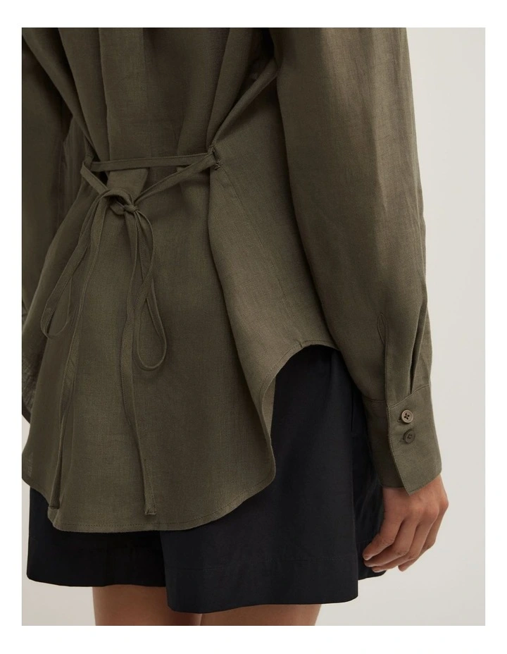 Linen Tie Back Shirt in Olive image 3