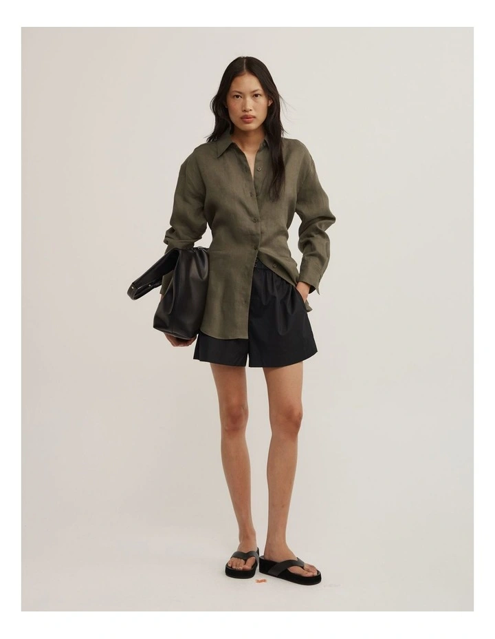 Linen Tie Back Shirt in Olive image 4