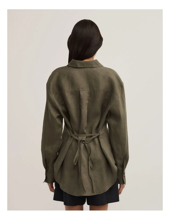 Linen Tie Back Shirt in Olive image 5