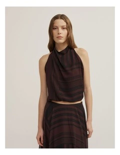 High Neck Drape Top in Black Linear Stripe