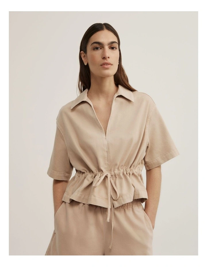 Bow Denim Shirt in Washed Sand image 1