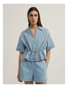 Bow Denim Shirt in Soft Blue