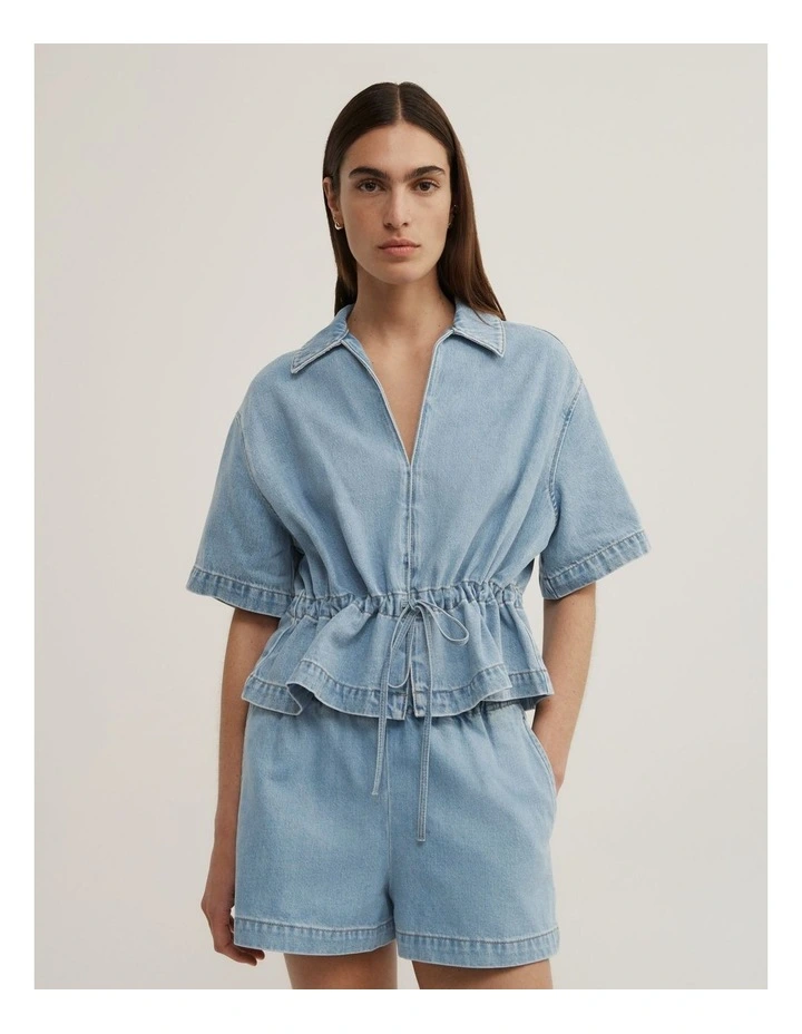 Bow Denim Shirt in Soft Blue image 1