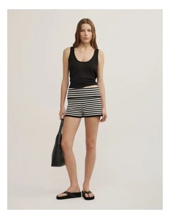 Fold Waist Knit Shorts in Black Stripe