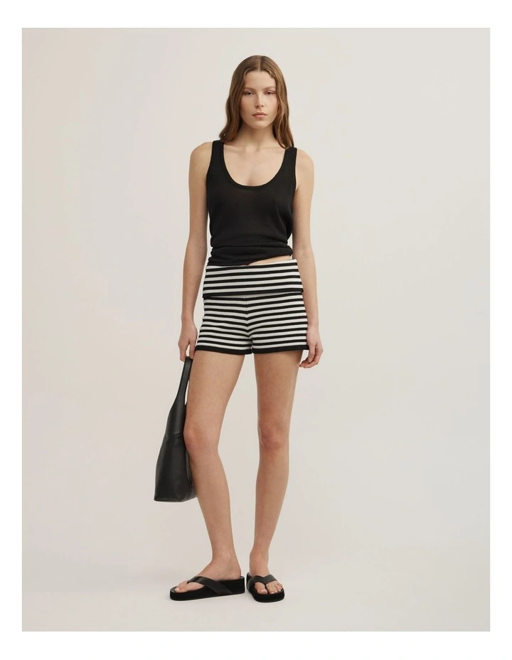 Fold Waist Knit Shorts in Black Stripe image 1