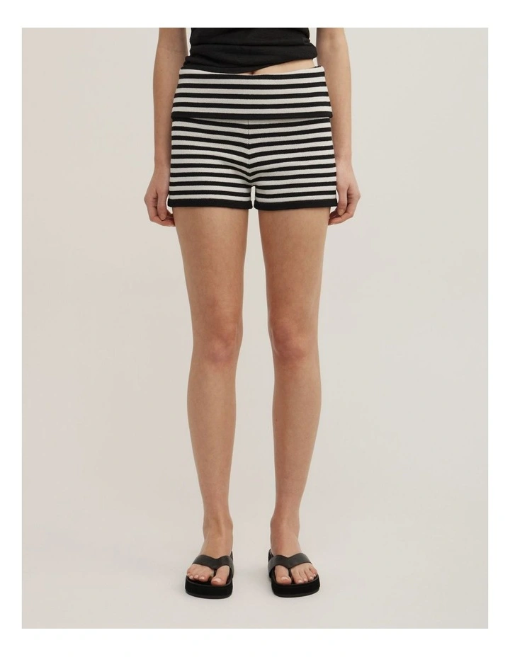 Fold Waist Knit Shorts in Black Stripe image 2