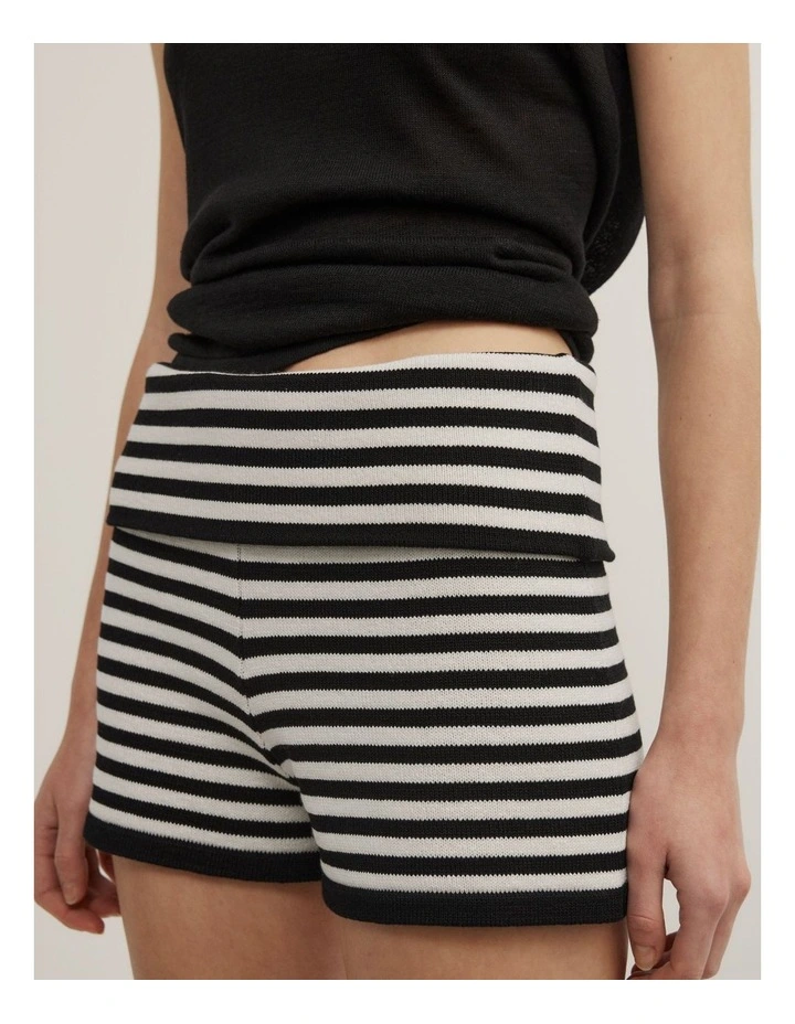 Fold Waist Knit Shorts in Black Stripe image 3