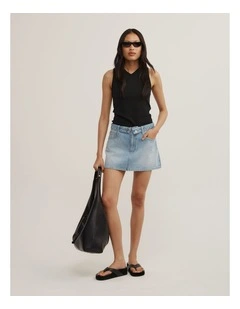 Fold Waist Denim Mini Skirt in Soft Blue