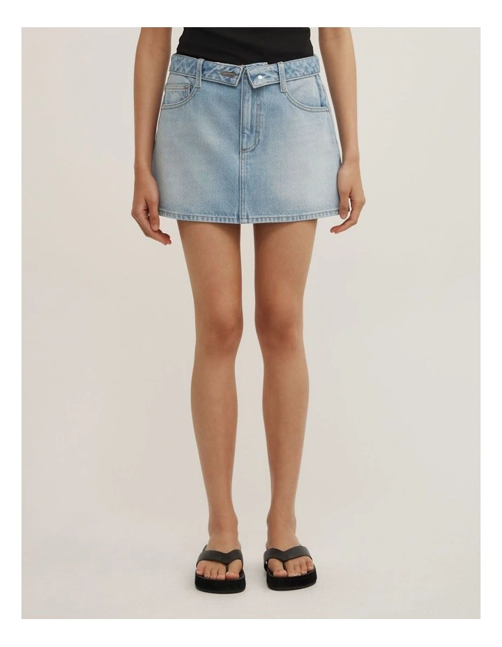 Fold Waist Denim Mini Skirt in Soft Blue image 2