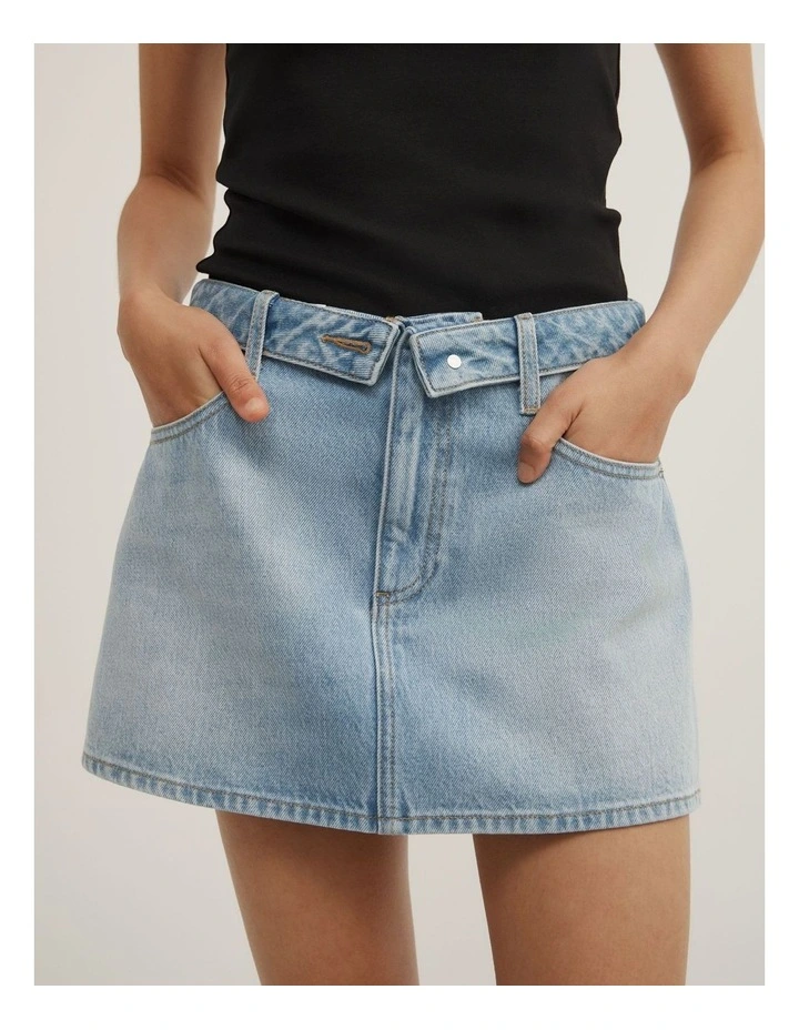 Fold Waist Denim Mini Skirt in Soft Blue image 3