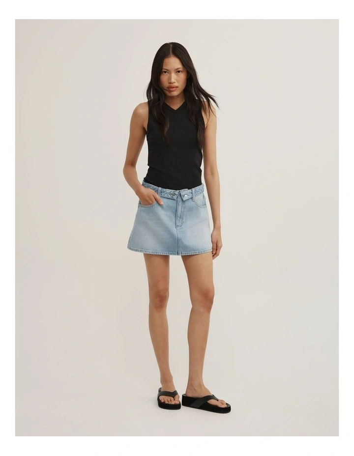 Fold Waist Denim Mini Skirt in Soft Blue image 4