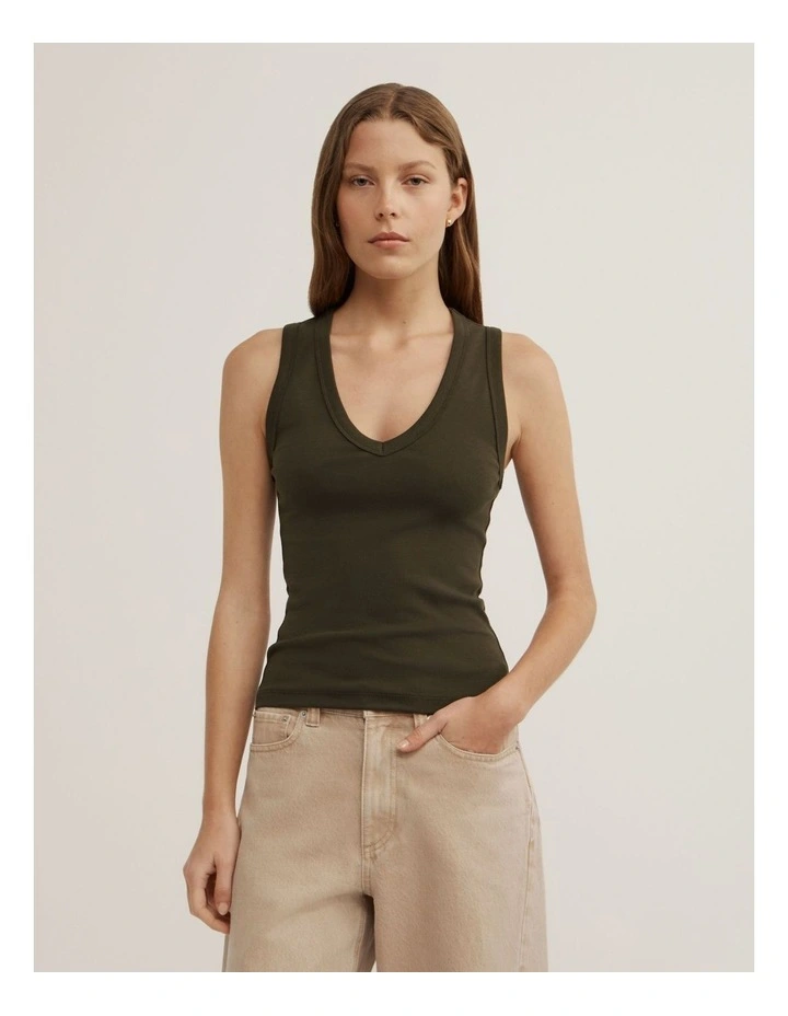Fine Rib V-neck Tank in Dark Olive image 1
