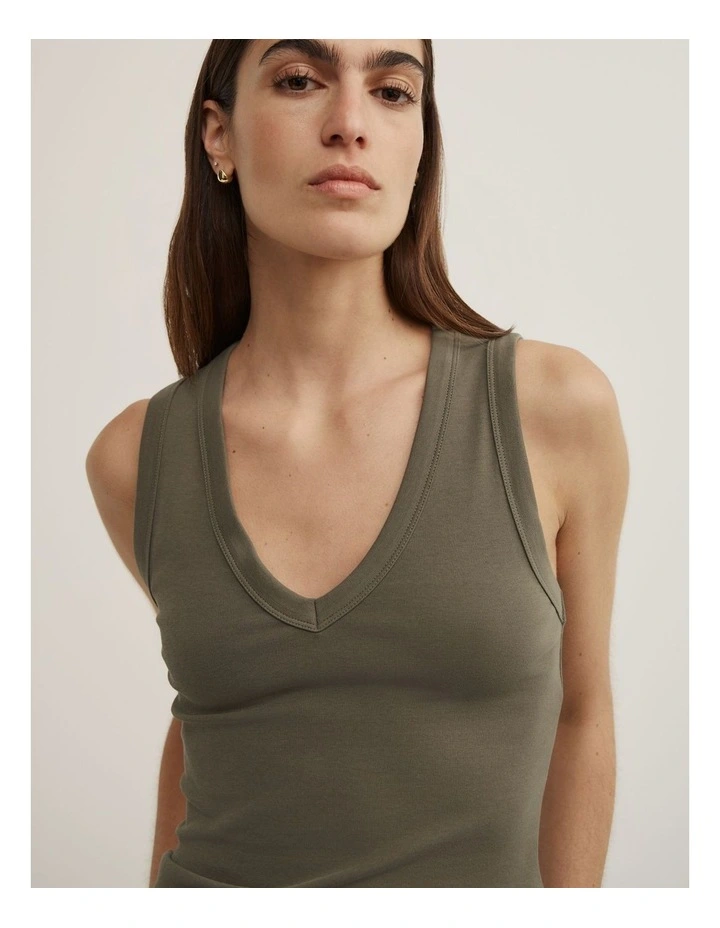 Fine Rib V-neck Tank in Olive image 3