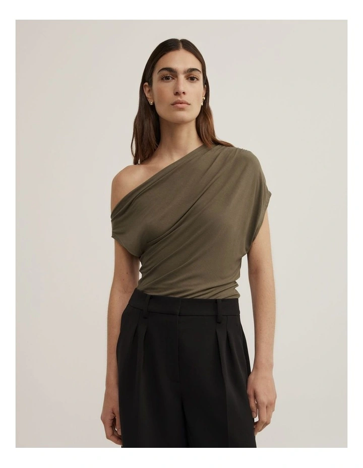 Asymmetric Jersey Top in Olive image 1