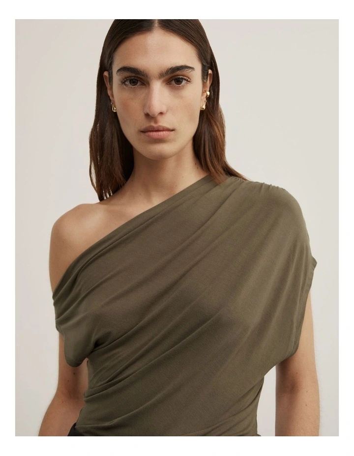 Asymmetric Jersey Top in Olive image 3