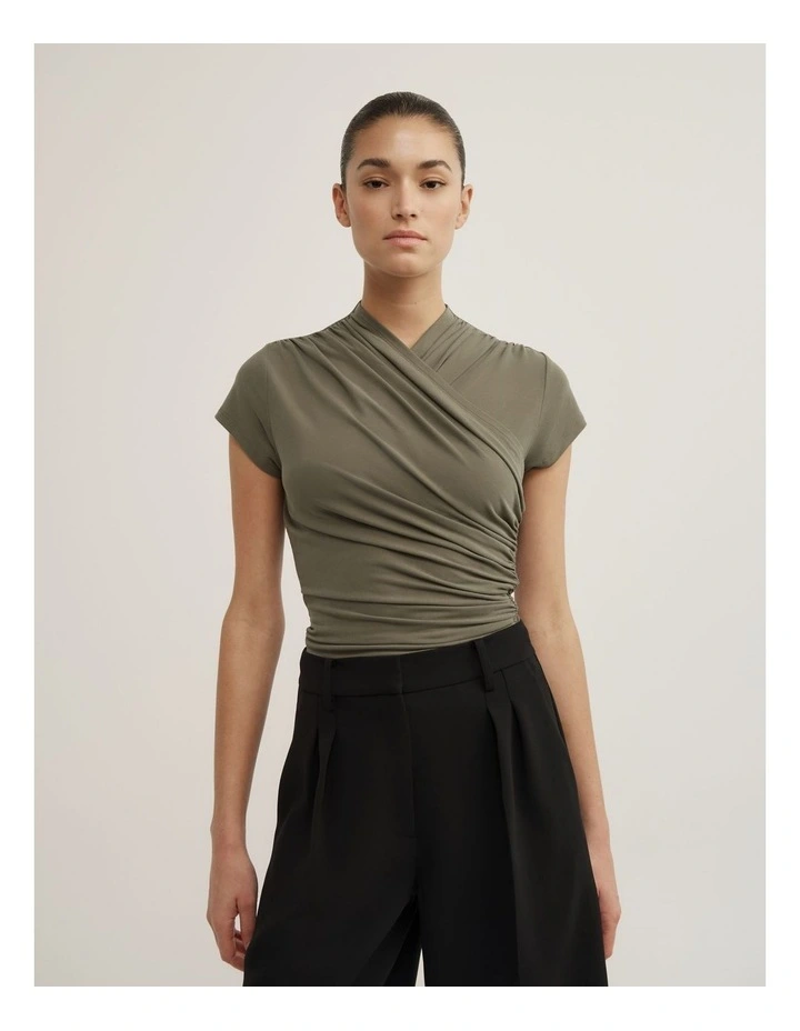 Wrap Cap Sleeve T-shirt in Olive image 1