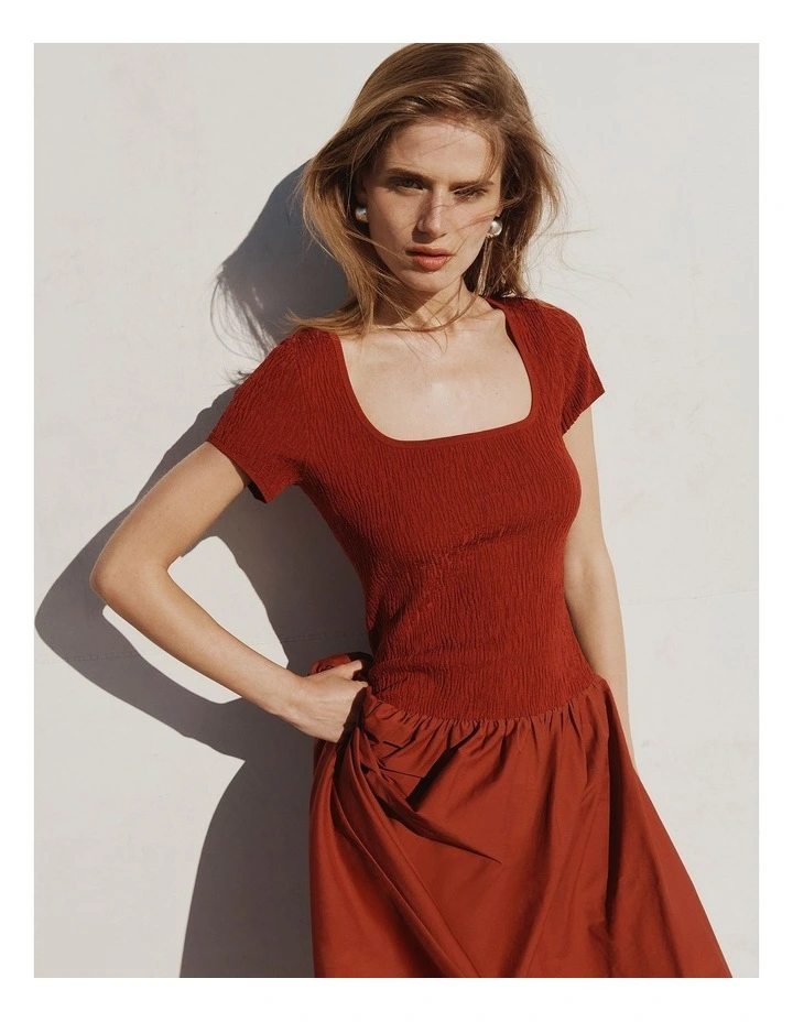 Mix Media Midi Knit Dress in Brick image 2
