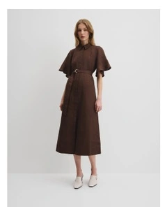Organically Grown Linen Ruffle Detail Shirt Dress in Cocoa