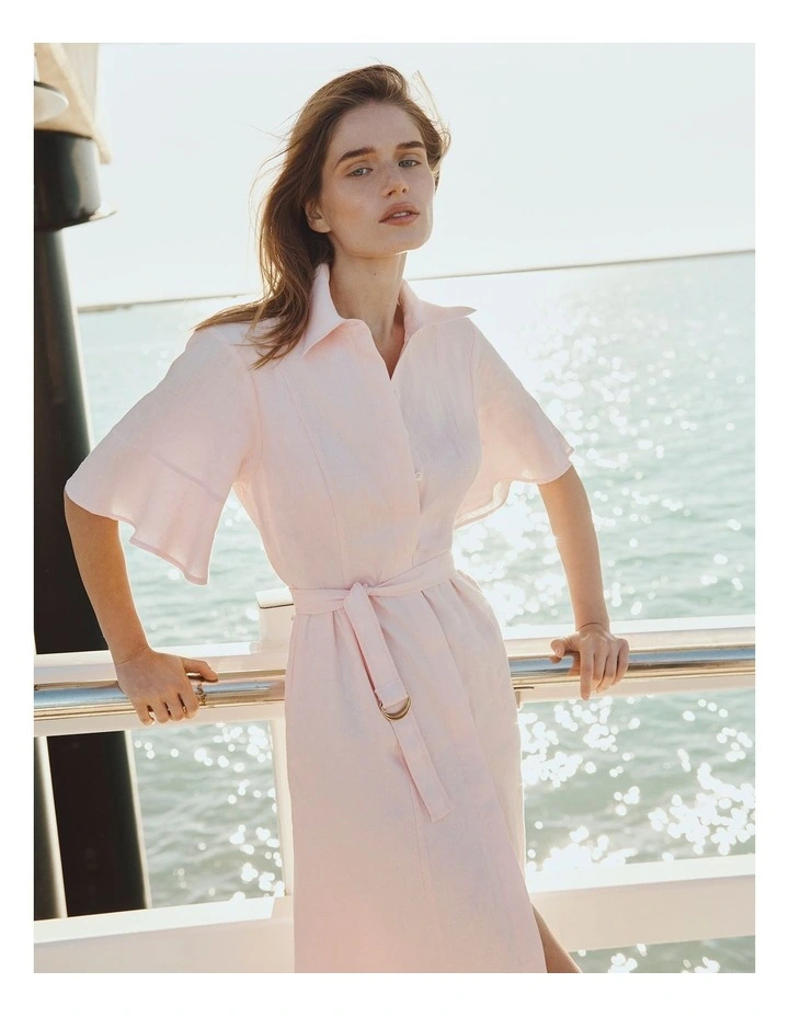 Organically Grown Linen Ruffle Detail Shirt Dress in Ballet Pink image 2