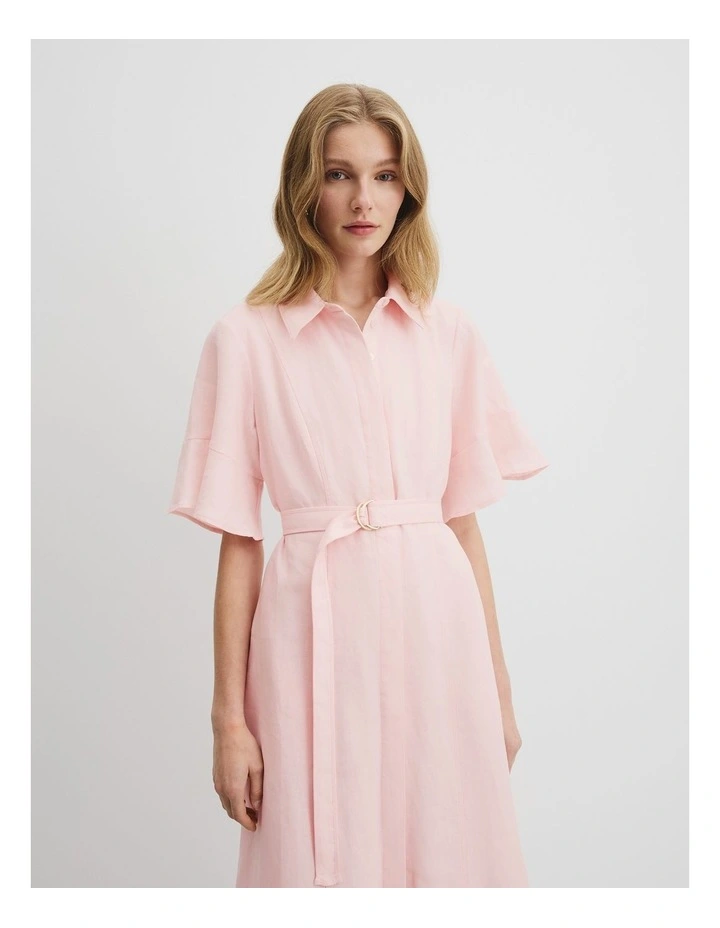 Organically Grown Linen Ruffle Detail Shirt Dress in Ballet Pink image 4