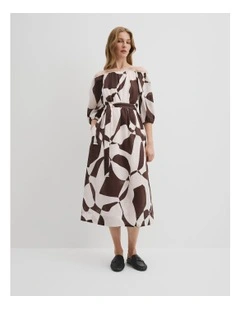 Organically Grown Linen Off-shoulder Midi Dress in Cocoa Geo