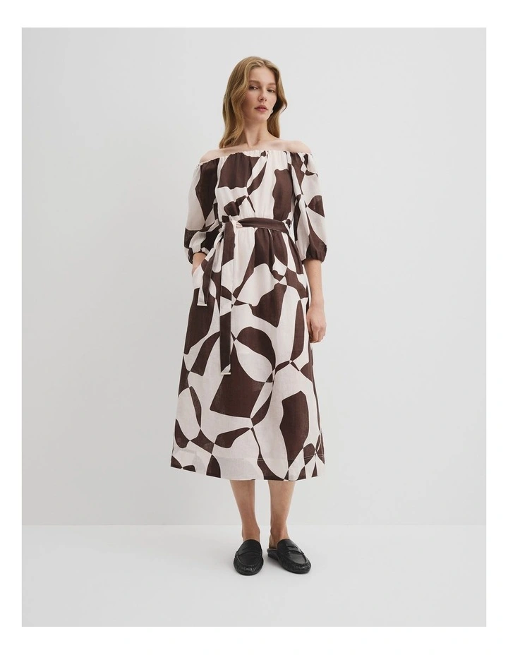Organically Grown Linen Off-shoulder Midi Dress in Cocoa Geo image 1