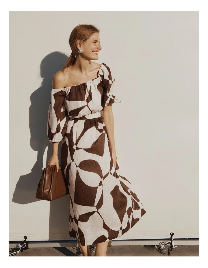 Organically Grown Linen Off-shoulder Midi Dress in Cocoa Geo image 2