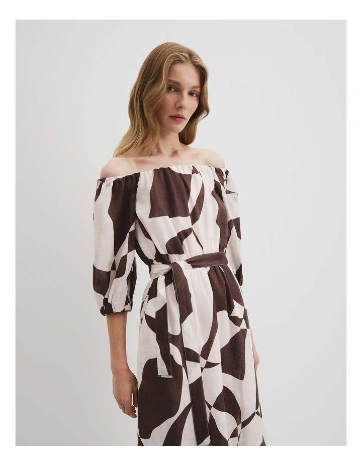 Organically Grown Linen Off-shoulder Midi Dress in Cocoa Geo image 3