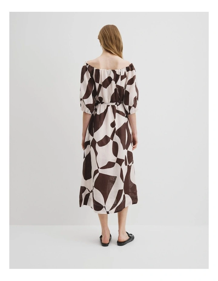 Organically Grown Linen Off-shoulder Midi Dress in Cocoa Geo image 4