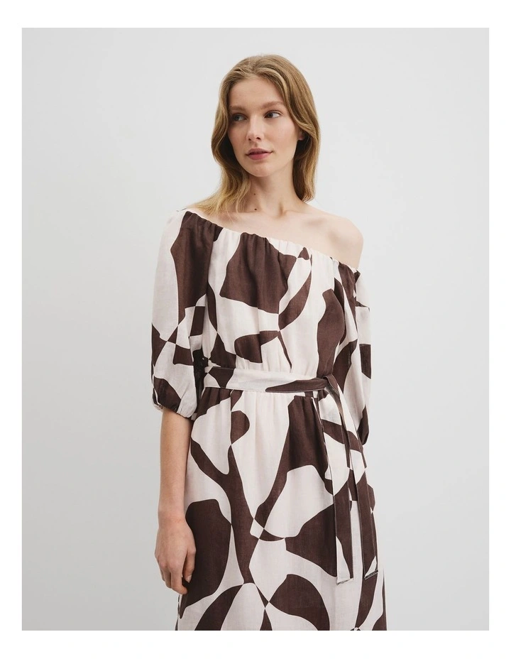 Organically Grown Linen Off-shoulder Midi Dress in Cocoa Geo image 5
